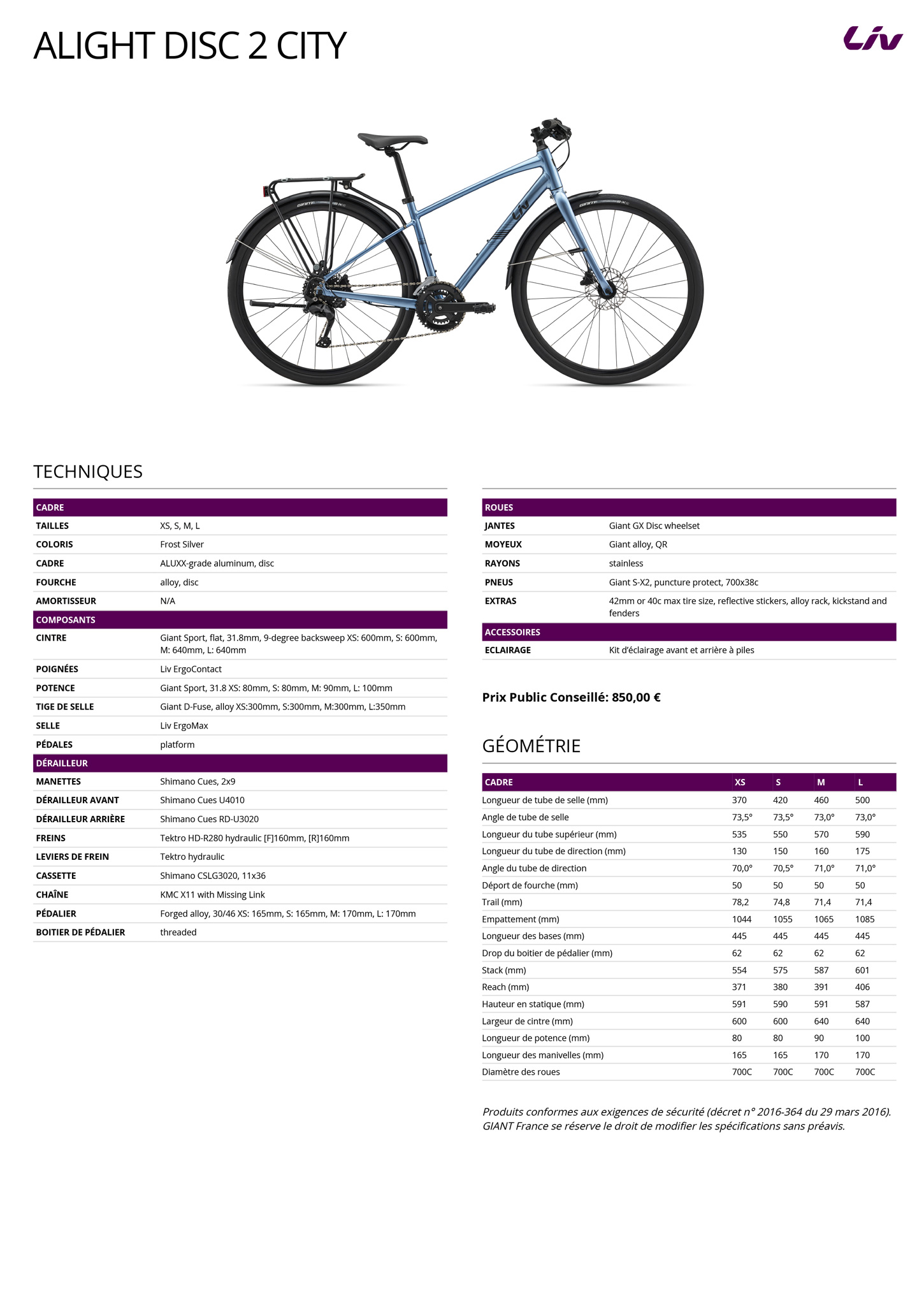 Fiche technique du velo Alight 2 City Disc année 2026